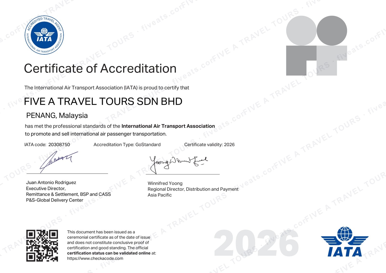 IATA Certificate of Accreditation for Five A Travel Tours — IATA code 20308750