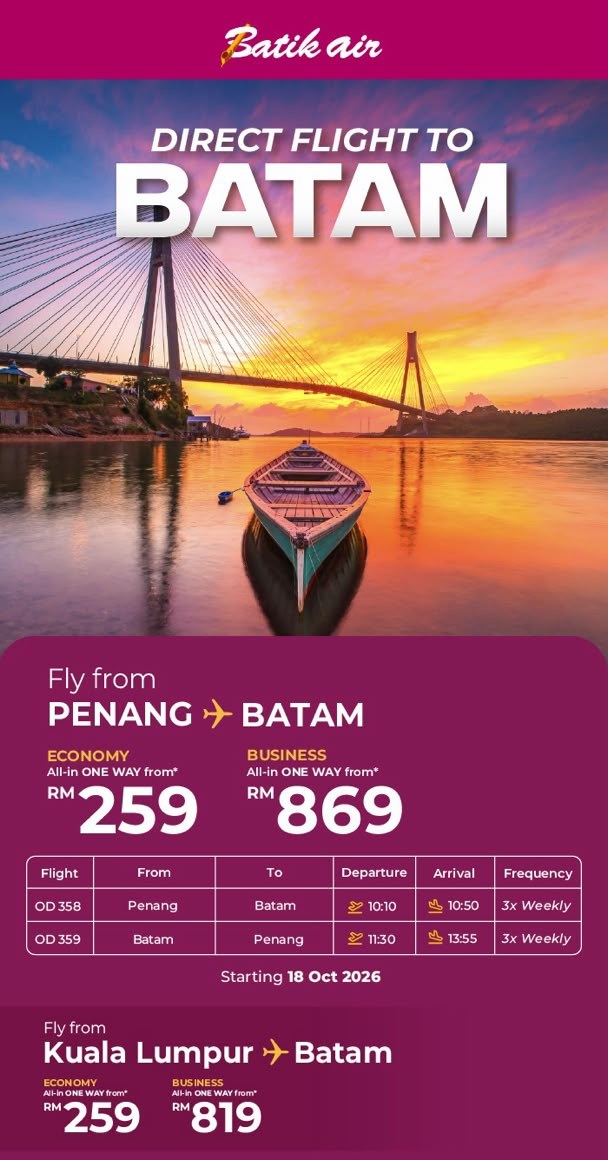 Batik Air's new Penang and Kuala Lumpur flights to Batam