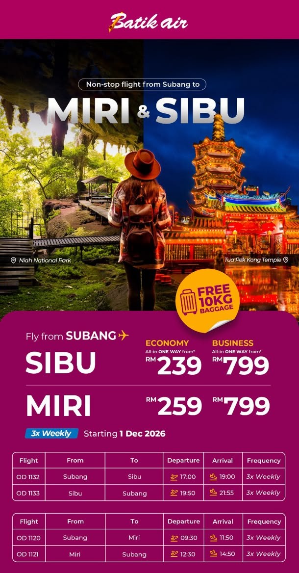 Batik Air's new Subang–Miri and Subang–Sibu routes