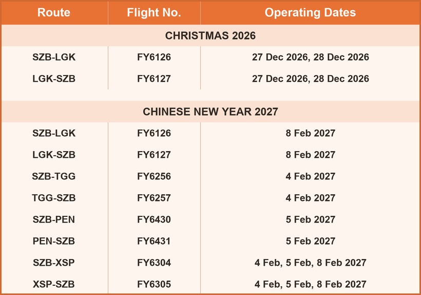 Firefly's additional festive-season flight schedule