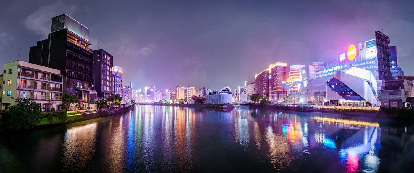 Fukuoka's canal district at night