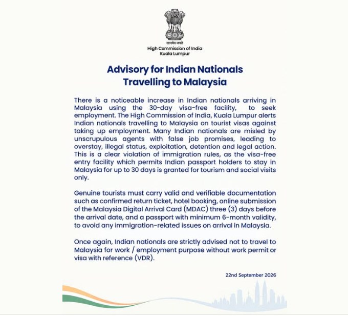 Official advisory notice from the High Commission of India, Kuala Lumpur, for Indian nationals travelling to Malaysia, dated 22 September 2026.
