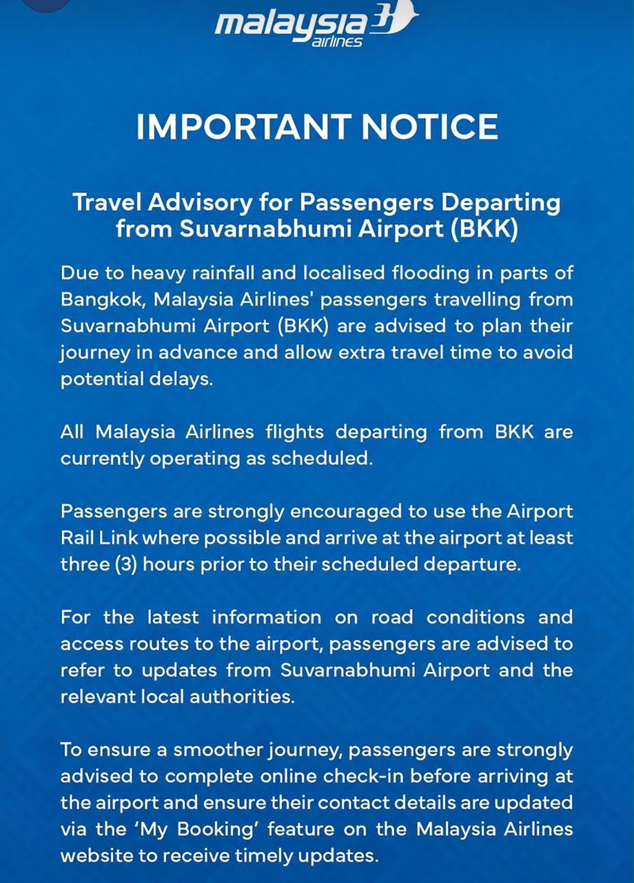 Malaysia Airlines important notice: travel advisory for passengers departing Suvarnabhumi Airport during the Bangkok floods